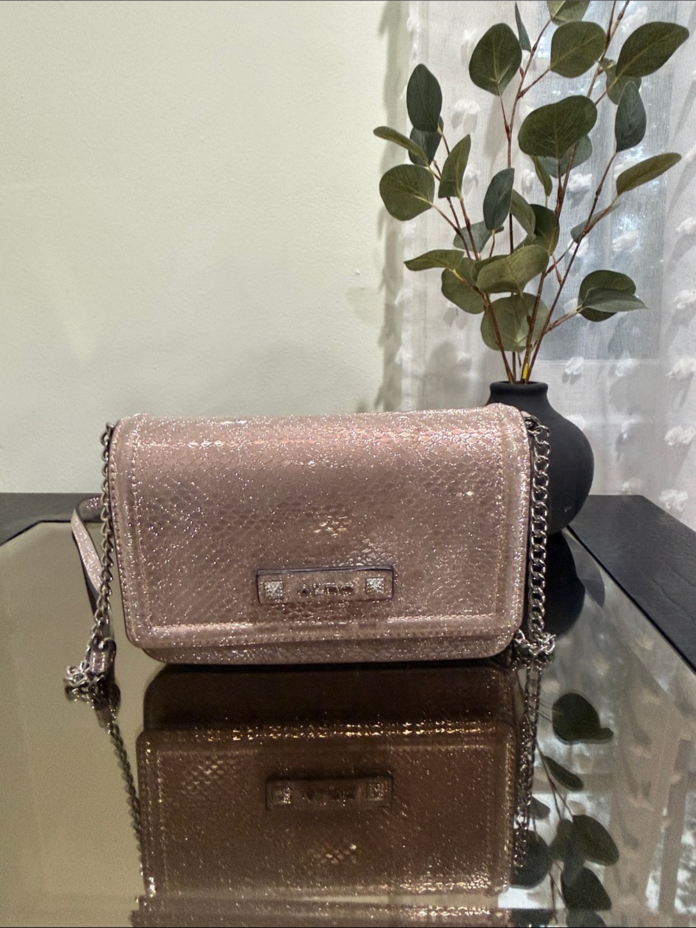 Aldo Sparkling Rose Gold Crossbody Bag with Chain Strap